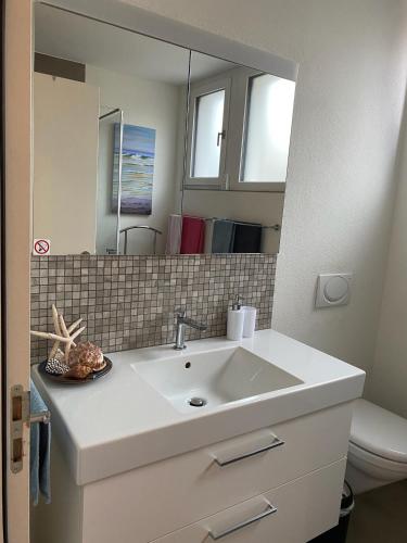 a bathroom with a sink and a mirror at Studio with private garden & free parking in Köniz