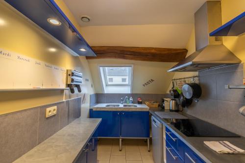 Elle comprend une petite cuisine avec des placards bleus et un évier. dans l'établissement Ultra centre, 2 Ch, 2 SDB, Blois, à Blois