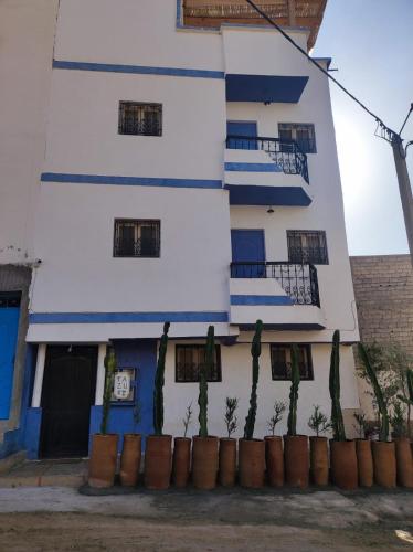 a white and blue building with cacti in front of it at Tazuri Surf House in Taghazout