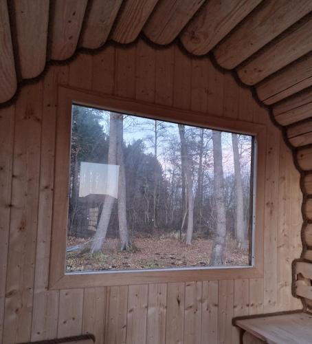 a window in a cabin with a view of a forest at Chill Chaty in Tarnobrzeg