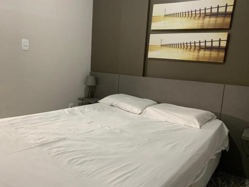 1 dormitorio con 1 cama blanca y 2 almohadas en LK Lourdes 7, en Belo Horizonte