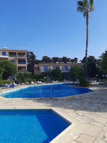 a large swimming pool with a palm tree and a building at H&O Elegant Maisonette in Paradise Garden in Paphos