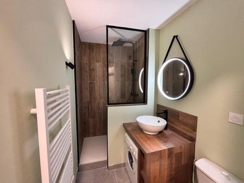 une salle de bain avec un lavabo et un miroir dans l'établissement Studio chaleureux, à Cauterets
