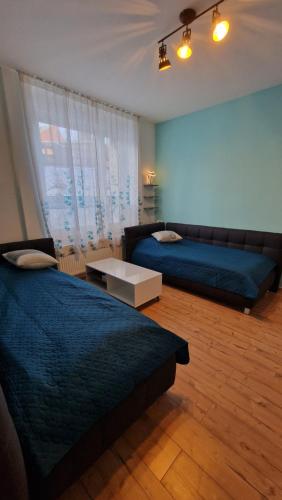 a living room with two beds and a table at Fewo Peter Erholungsort Bärenstein in Bärenstein