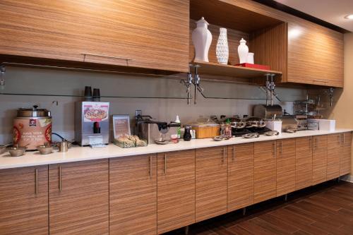 a kitchen with wooden cabinets and a counter top at TownePlace Suites by Marriott St. Louis Chesterfield in Chesterfield