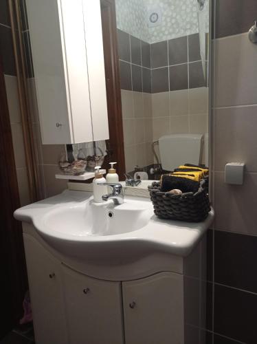 a bathroom with a white sink and a mirror at Άγρια Λούλουδα Κατοικία Αρμονία in Timfristós