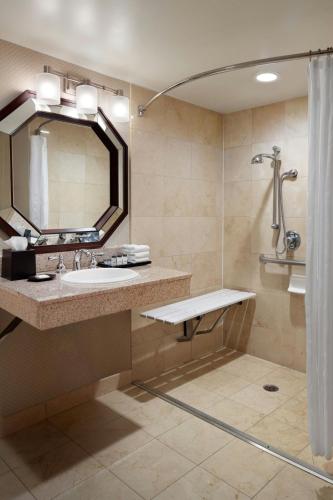 a bathroom with a sink and a mirror and a shower at Sheraton Charlotte Airport in Charlotte