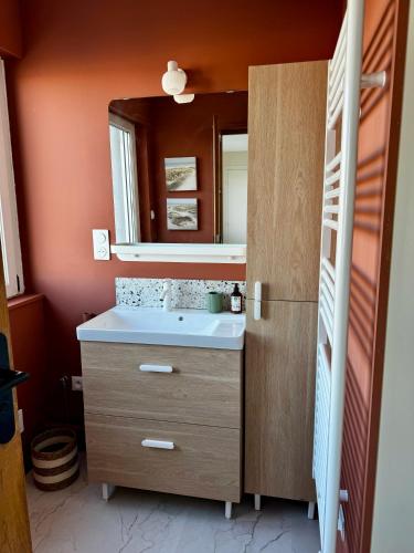 une salle de bain avec un lavabo et un miroir dans l'établissement Appartement Port de Calais, à Calais