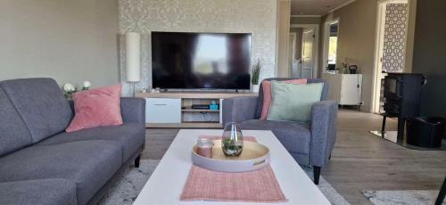 a living room with two couches and a tv at cozy room in Tromsø in Tromsø