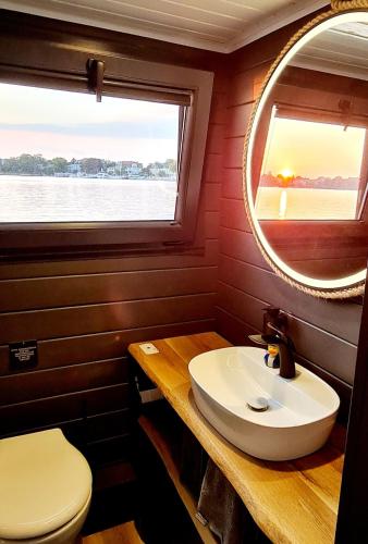 un baño con lavabo y espejo en Wasserbungalow Merlin, en Lehnin