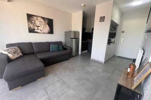 - un salon avec un canapé et une photo de lion dans l'établissement La Goélette - Appartement une chambre avec terrasse proche de la mer, au Grau-du-Roi