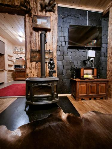 a stove in a room with a brick wall at Irbosk Apartments in Kiviõli