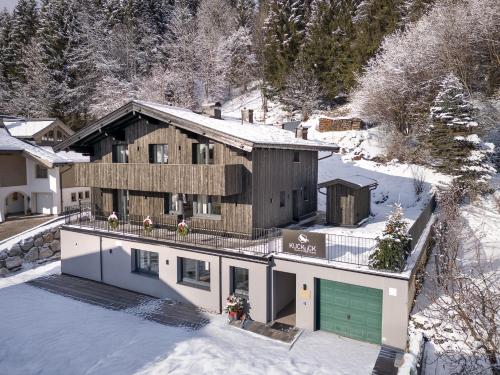 an aerial view of a house in the snow at Appartements Kuckuck Leogang in Leogang