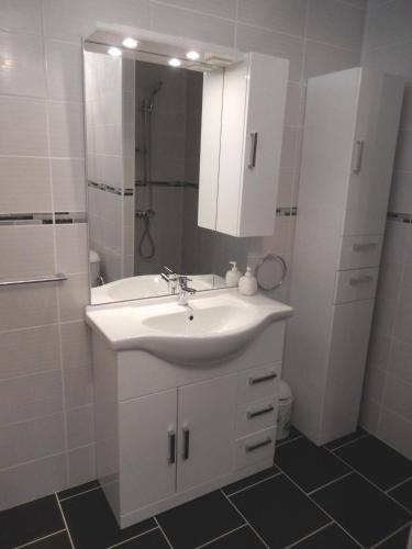 une salle de bain blanche avec un lavabo et une douche dans l'établissement Maison 3 pièces PORT LA NOUVELLE PN500-005, à Port-la-Nouvelle