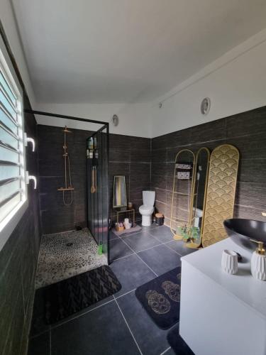 a bathroom with a shower and a toilet at Wonderland Villa in Petit-Bourg