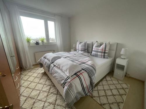 a bedroom with a bed with pillows and a window at BEIMS APARTMENT-Vollausstattung-Küche, kostenlos-WFI, Smart-TV in Magdeburg