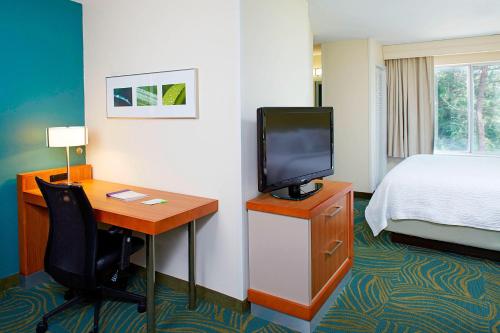 a hotel room with a desk with a television and a bed at SpringHill Suites by Marriott Atlanta Six Flags in Lithia Springs