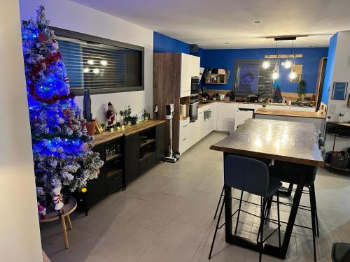 une cuisine avec un arbre de Noël au milieu dans l'établissement Maison Cosy à la montagne, à Châtillon-de-Michaille