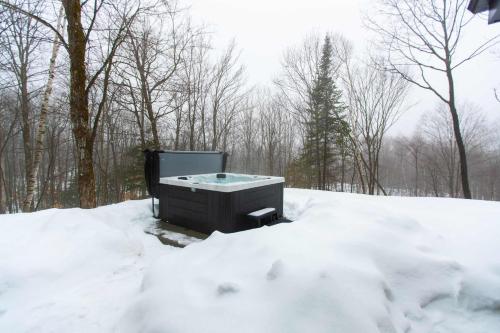 a hot tub sitting in a pile of snow at Mini chalet Ecohaven - SPA in Brownsburg