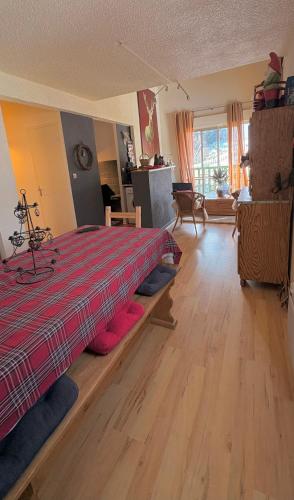 - une chambre avec un lit et des oreillers rouges au sol dans l'établissement Ax 3 Domaines Plateau de Bonascre Charmant duplex face aux pistes avec terrasse, à Ax-les-Thermes