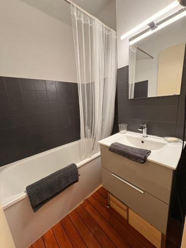 une salle de bain avec un lavabo et une baignoire dans l'établissement Ax 3 Domaines Plateau de Bonascre Charmant duplex face aux pistes avec terrasse, à Ax-les-Thermes