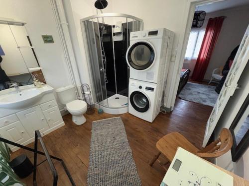 une salle de bain avec un lavabo et une machine à laver dans l'établissement Cozy house, center of Cotentin, à Saint-Sauveur-le-Vicomte