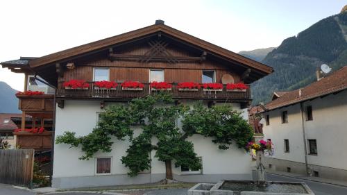 a building with red flowers on the balcony at Arche Ötztal Dorfzentrum in Umhausen