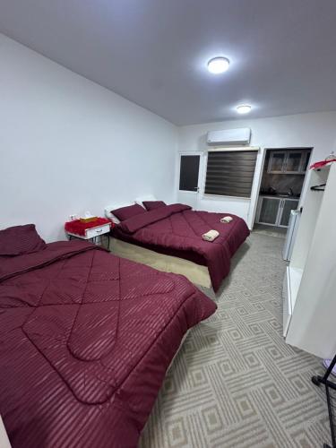 two beds in a room with purple sheets at Petra candles studios in Petra
