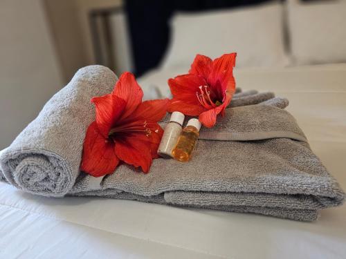 a towel with a bottle of medicine and two red flowers at Morokolotsi Guest House in Tzaneen