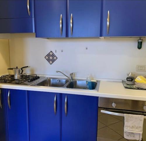 オーリオ・アル・セーリオにあるApartament Orio 3の青いキャビネットとシンクのあるキッチン