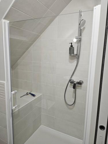 a bathroom with a shower with a shower head at Moulin de Kerstrat in Brennilis