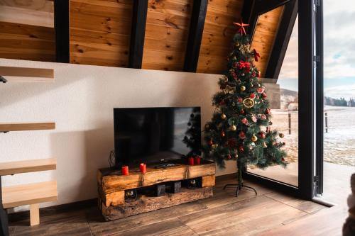 a christmas tree in a living room with a tv at Golden Valley Brezna in Pluzine