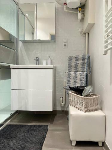 une salle de bain blanche avec un lavabo et un miroir dans l'établissement Studio en centre ville, à Montluçon