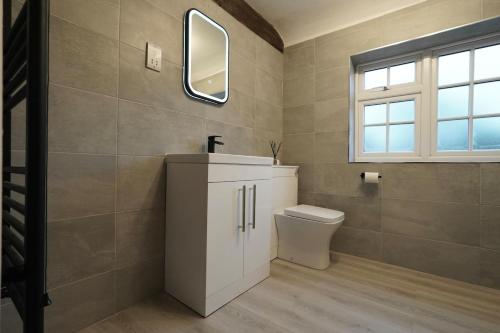 un bagno con lavandino, WC e specchio di Bridge Sawmill holiday cottage a Tetford