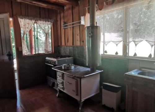 a kitchen with an old stove and a sink at Cabaña en Parcela con Tinaja in Trancura