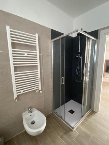 a bathroom with a shower and a toilet and a sink at B&B Le Scintille in San Ginesio