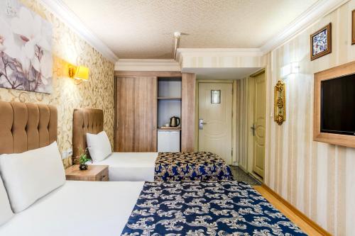 a hotel room with two beds and a television at Hamit Hotel Istanbul in Istanbul