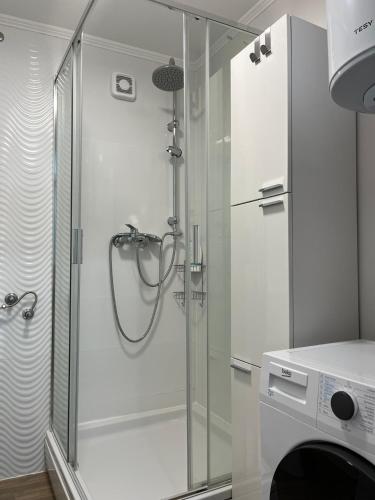 a shower with a glass door in a bathroom at Apartman Matea - Self Check-in in Osijek