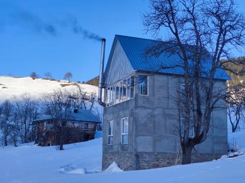 una casa en la nieve con un árbol en Lashaus, en Khulo