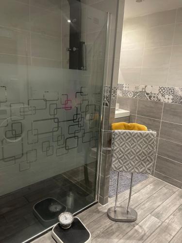 a bathroom with a shower with a chair and a clock at Maison appartement cosy au centre-ville in Luxeuil-les-Bains