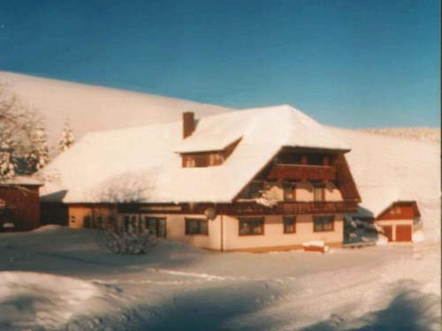 ein schneebedecktes Haus mit in der Unterkunft Ferienwohnung Armbruster in Sankt Georgen im Schwarzwald