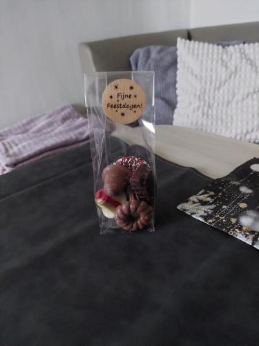a plastic container filled with food on a bed at Vakantiechalet Jonagold 4 personen in Hengstdijk