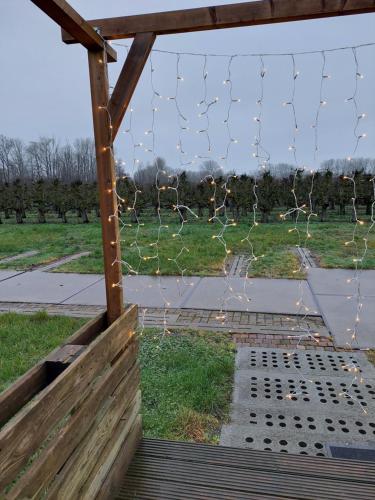 a fence with a net in a field at Vakantiechalet Jonagold 4 personen in Hengstdijk