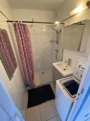 La petite salle de bains est pourvue d'une douche et d'un lavabo. dans l'établissement Le Paradis Bleu, à Cavalaire-sur-Mer