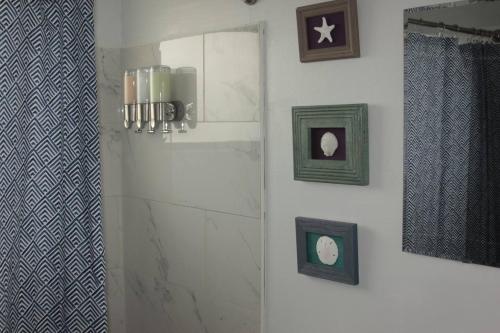 a bathroom with a shower with two pictures on the wall at Stylish Retro Vibes Private Bbq & Beach Access in Sarasota