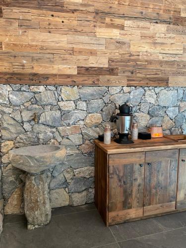 a stone wall with a stone sink in a room at Sabbionaccio Apartments & Spa in Chiesa in Valmalenco