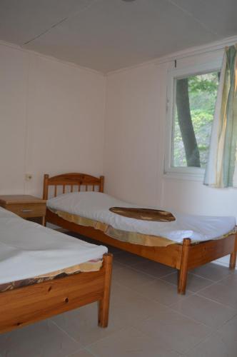 two beds in a room with a window at Letovishte Romantika in Kamchia