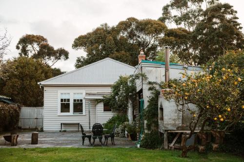 a white house with an orange tree in the yard at Thagg Haus - Charming Miners Cottage in Wonthaggi in North Wonthaggi