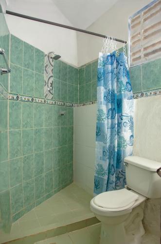 a bathroom with a toilet and a shower at Playa Alta Sol in Taganga