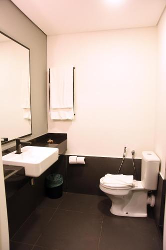 a bathroom with a sink and a toilet and a mirror at ibis Tangará Da Serra in Tangara da Serra